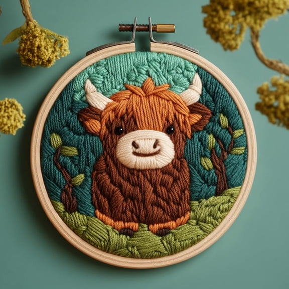 DIY Punch Needle Kits for Beginners Cute Cartoon Highland Cow with Hoop Embroidery Punch Needle Starter Craft Set Easy for Adults and Children Festival Gift and Decoration 20x20cm-3