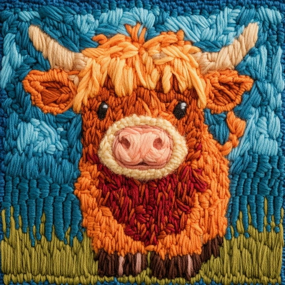 DIY Punch Needle Kits for Beginners Cute Cartoon Highland Cow with Pure Color with Hoop Embroidery Punch Needle Starter Craft Set Easy for Adults and Children Festival Gift and Decoration 20x20cm-10