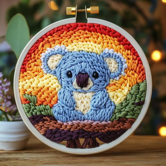 DIY Punch Needle Kits for Beginners Cute Cartoon Koala with Sunset with Hoop Embroidery Punch Needle Starter Craft Set Easy for Adults and Children Festival Gift and Decoration 20x20cm-4