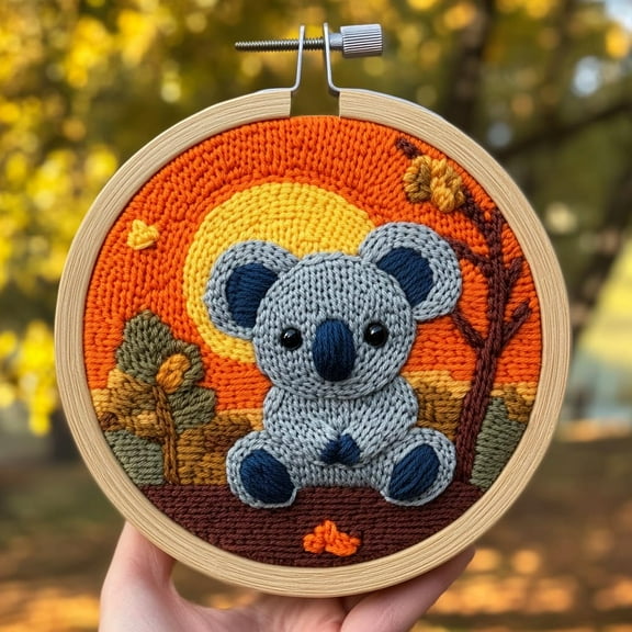 DIY Punch Needle Kits for Beginners Cute Cartoon Koala with Sunset with Hoop Embroidery Punch Needle Starter Craft Set Easy for Adults and Children Festival Gift and Decoration 20x20cm-6