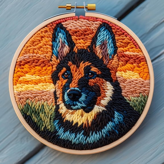 DIY Punch Needle Kits for Beginners Cute German Shepherd with Sunset with Hoop Punch Needle Starter Craft Embroidery Set Easy for Adults and Children Festival Gift and Decoration 20x20cm-1