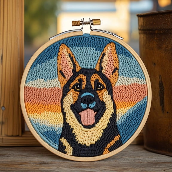 DIY Punch Needle Kits for Beginners Cute German Shepherd with Sunset with Hoop Punch Needle Starter Craft Embroidery Set Easy for Adults and Children Festival Gift and Decoration 20x20cm-2