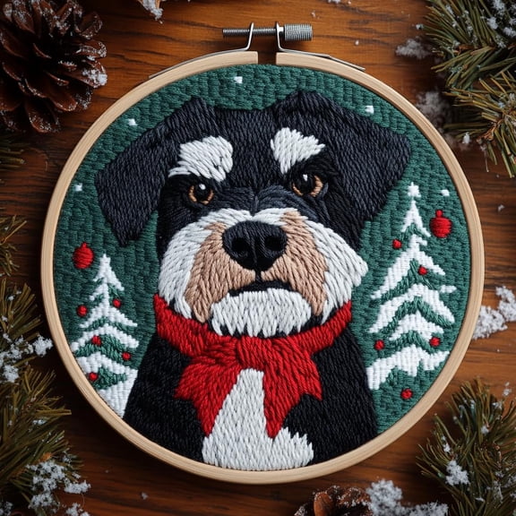 DIY Punch Needle Kits for Beginners Cute Giant Schnauzers Dog Christmas with Hoop Punch Needle Starter Craft Embroidery Set Easy for Adults and Children Festival Gift and Decoration 20x20cm-1