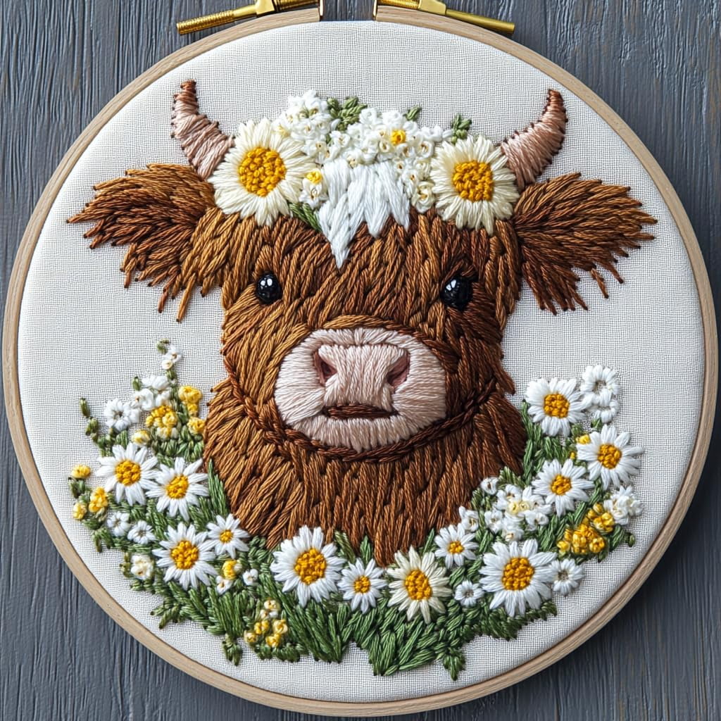 DIY Punch Needle Kits for Beginners Cute Highland Cow and Daisy Flowers ...