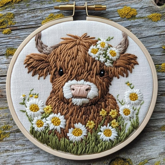 DIY Punch Needle Kits for Beginners Cute Highland Cow and Daisy Flowers with Hoop Embroidery Punch Needle Starter Set Easy for Adults and Kids Festival Gift and Decor 20x20cm-6