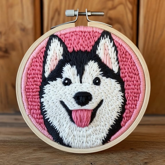 DIY Punch Needle Kits for Beginners Cute Husky Dog with Hoop Punch Needle Starter Craft Embroidery Set Easy for Adults and Children Festival Gift and Decoration 20x20cm-3
