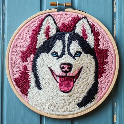 DIY Punch Needle Kits for Beginners Cute Husky Dog with Hoop Punch Needle Starter Craft Embroidery Set Easy for Adults and Children Festival Gift and Decoration 20x20cm-4