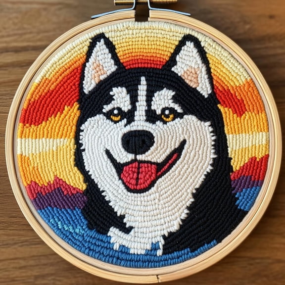 DIY Punch Needle Kits for Beginners Cute Husky Dog with Sunset with Hoop Punch Needle Starter Craft Embroidery Set Easy for Adults and Children Festival Gift and Decoration 20x20cm-3