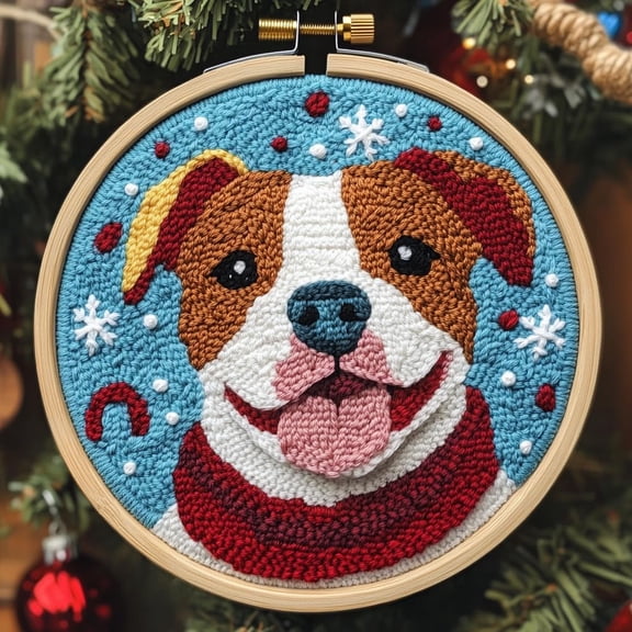 DIY Punch Needle Kits for Beginners Cute Pitbulll Dog Christmas with Hoop Punch Needle Starter Craft Embroidery Set Easy for Adults and Children Festival Gift and Decoration 20x20cm-2