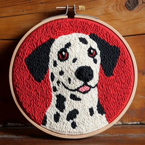 DIY Punch Needle Kits for Beginners Dalmatian Dog with Red Color Background with Hoop Punch Needle Starter Craft Embroidery Set Easy for Adults and Children Festival Gift and Decoration 20x20cm-1