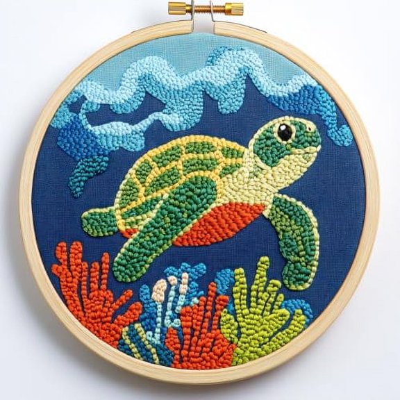 DIY Punch Needle Kits for Beginners Green Sea Turtle with Hoop Embroidery Punch Needle Starter Craft Set Easy for Adults and Children Festival Gift and Decoration 20x20cm-2