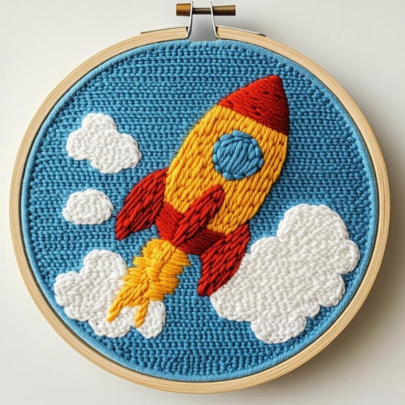 DIY Punch Needle Kits for Beginners Rocket Fly to Sky with Hoop Embroidery Punch Needle Starter Craft Set Easy for Adults and Children Festival Gift and Decoration 20x20cm-2
