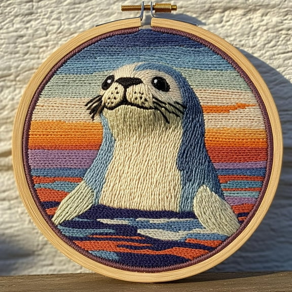 DIY Punch Needle Kits for Beginners Seal with Sunset with Hoop Embroidery Punch Needle Starter Craft Set Easy for Adults and Children Festival Gift and Decoration 20x20cm-4