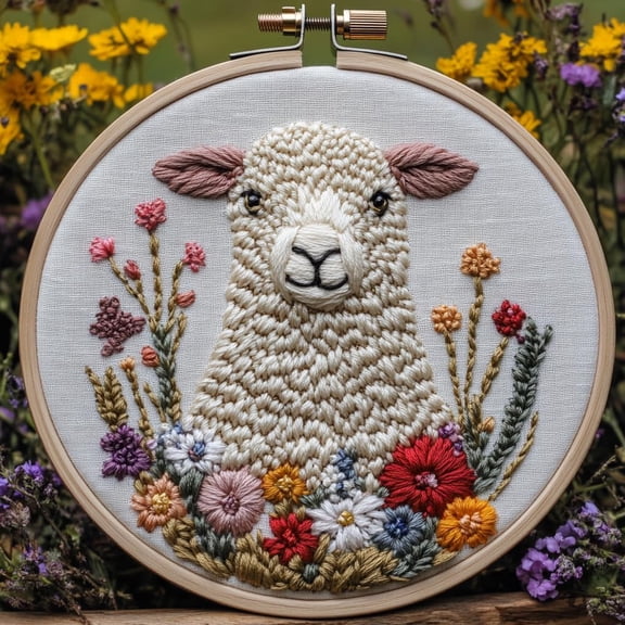 DIY Punch Needle Kits for Beginners Sheep in Flowers with Hoop Embroidery Punch Needle Starter Craft Set Easy for Adults and Kids Festival Gift and Decoration 20x20cm-2