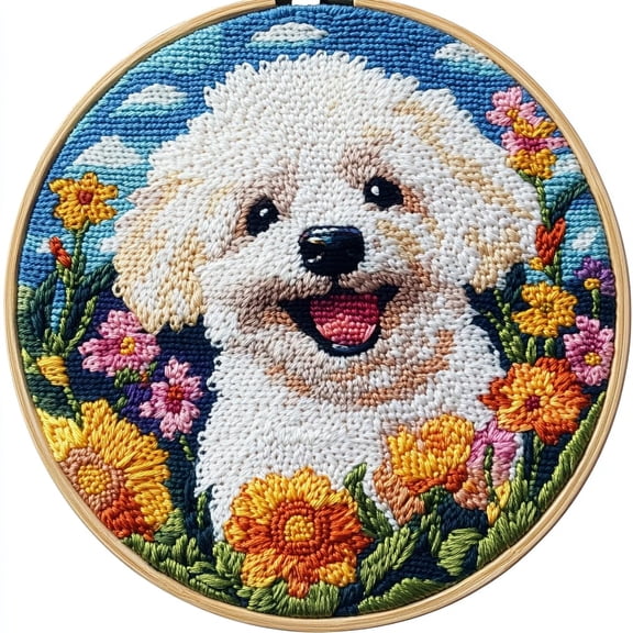 DIY Punch Needle Kits Bichon Frise Dog in Flowers Easy for Beginners Punch Needle Embroidery Set with Hoop Stamped Pattern for Craft lovers and Home Decor-1