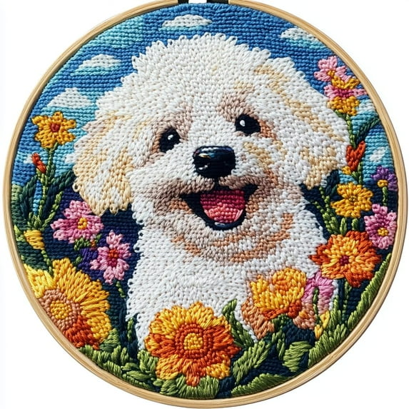 DIY Punch Needle Kits Bichon Frise Dog in Flowers Easy for Beginners Punch Needle Embroidery Set with Hoop Stamped Pattern for Craft lovers and Home Decor-1