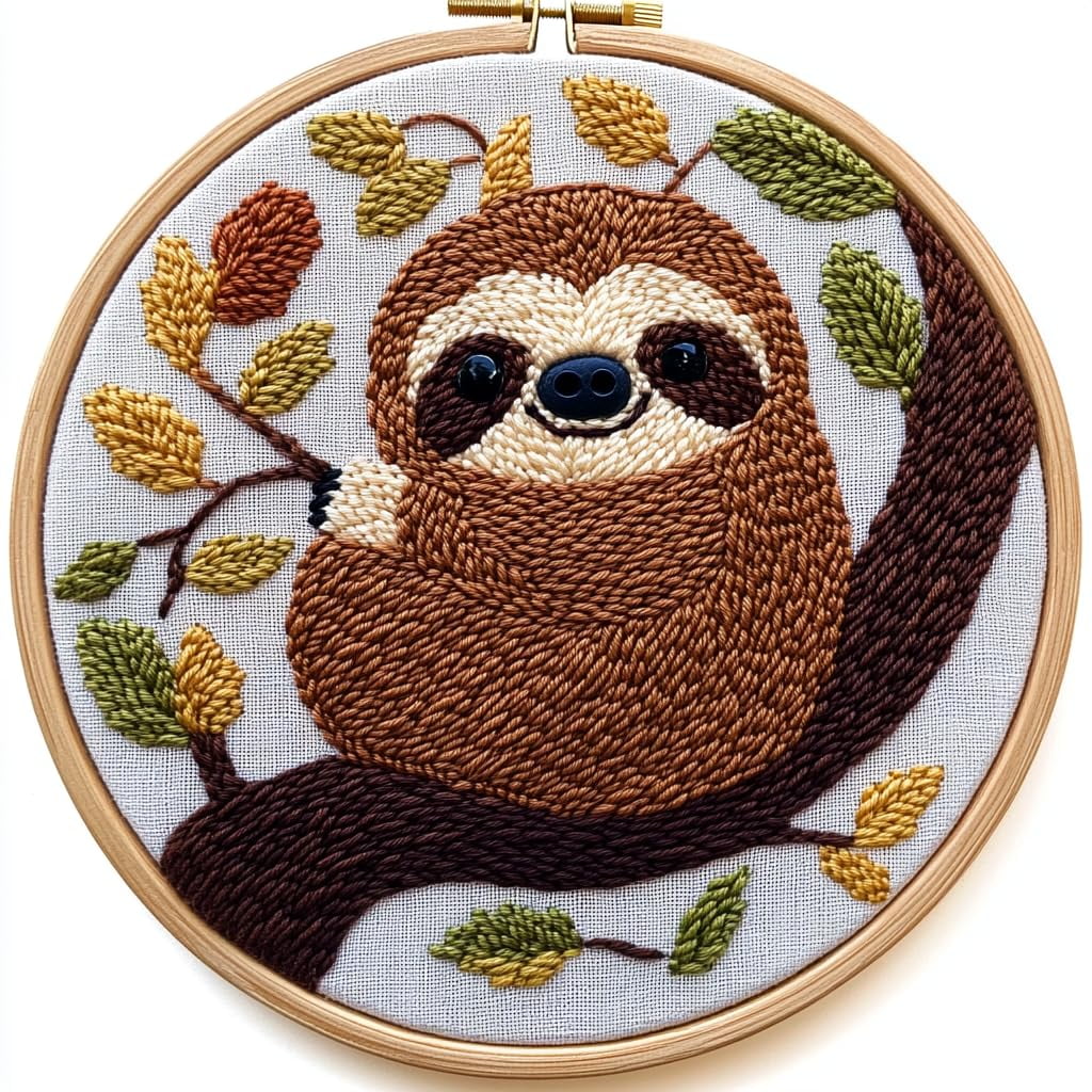 Sloth Needle DIY Punch Needle Kits Cartoon Cute Brown Sloth on Tree Branch ...