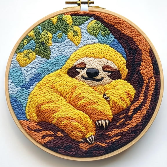 DIY Punch Needle Kits Cartoon Cute Sloth Sleep on Tree Embroidery Punch Needle Starter Craft with Hoop Easy for Beginners for Festival t and Decoration 20x20cm-2