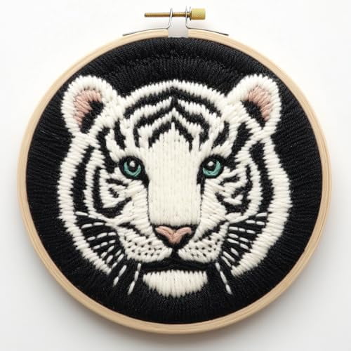 DIY Punch Needle Kits Cartoon Cute White Tiger Face Embroidery Punch Needle Starter Craft with Hoop Easy for Beginners for Festival t and Decoration 20x20cm-1