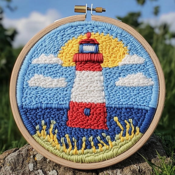 DIY Punch Needle Kits Cartoon Sea Lighthouse Embroidery Punch Needle Starter Craft with Hoop Easy for Beginners for Festival t and Decoration 20x20cm-1