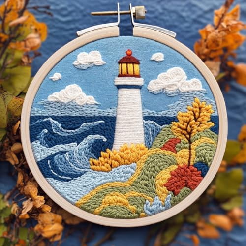 DIY Punch Needle Kits Cartoon Sea Lighthouse Embroidery Punch Needle Starter Craft with Hoop Easy for Beginners for Festival t and Decoration 20x20cm-2