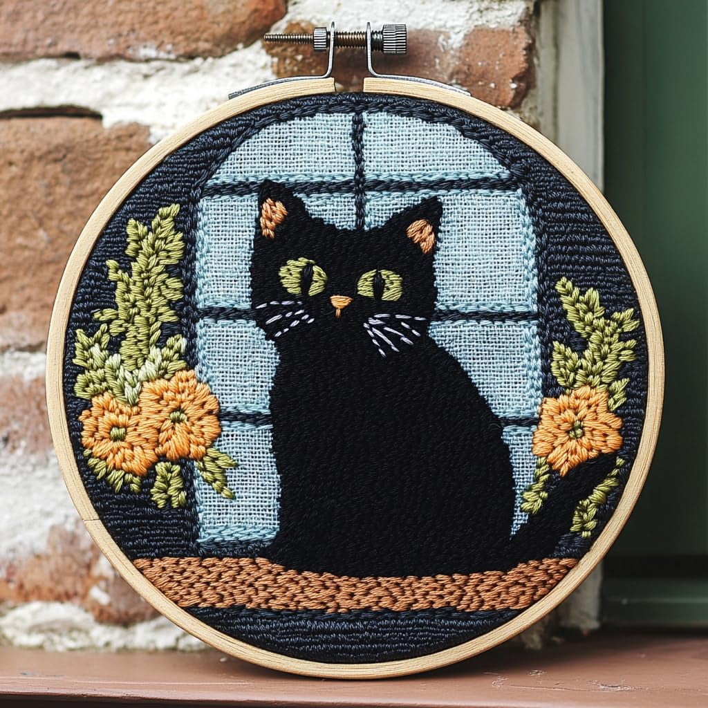 Halloween Punch Needle Kit For Beginners – Black Cat & Ghost Pattern Stamped Cross Stitch Rug Hooking DIY Craft Set