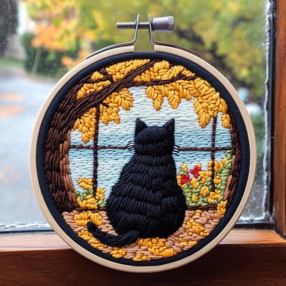 DIY Punch Needle Kits Cute Cartoon Black Cat Back Sit on Window Embroidery Punch Needle Starter Craft with Hoop Easy for Beginners for Festival t and Decoration 20x20cm-10