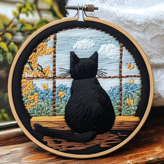 DIY Punch Needle Kits Cute Cartoon Black Cat Back Sit on Window Embroidery Punch Needle Starter Craft with Hoop Easy for Beginners for Festival t and Decoration 20x20cm-15