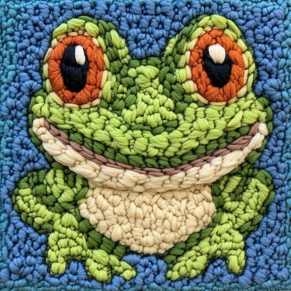 DIY Punch Needle Kits Cute Cartoon Green Frog Easy for Beginners Punch Needle Yarn Starter Embroidery Set for Craft lovers with Hoop for Home Decoration 20x20cm(2)