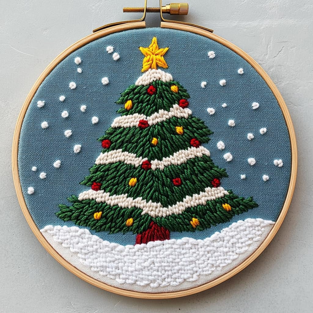 DIY Punch Needle Kits Cute Cartoon Merry Christmas Tree with White Snow ...