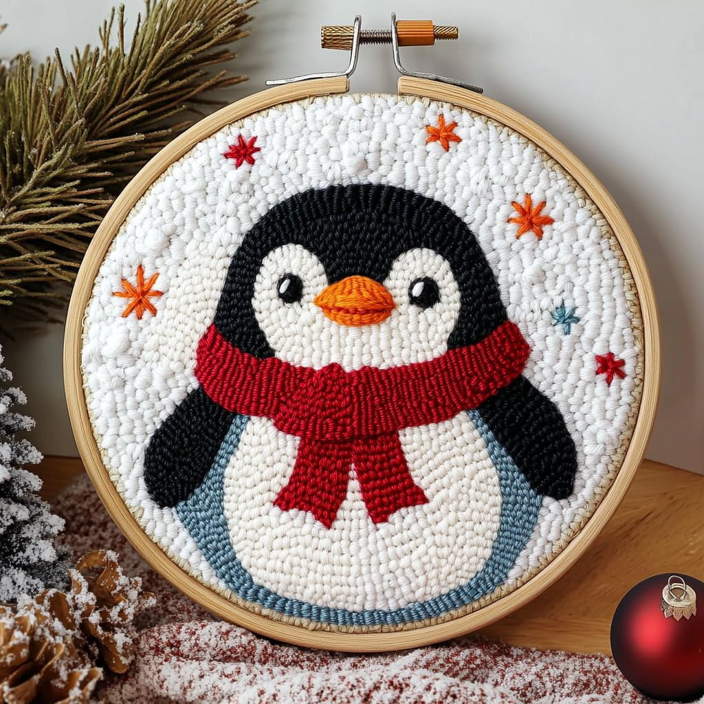 DIY Punch Needle Kits Cute Merry Christmas Penguin Embroidery Punch ...