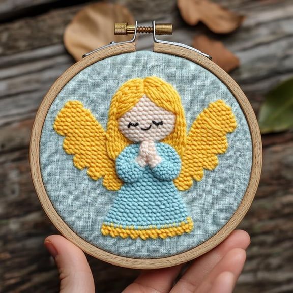 DIY Punch Needle Kits Cute Praying Angel Easy for Beginners Punch Needle Embroidery Set for Craft lovers with Printed Pattern and Hoop for Home Decor 20x20cm-1