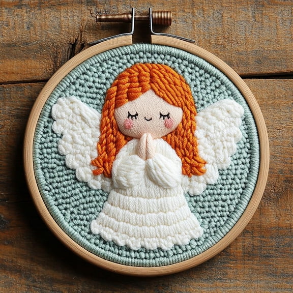 DIY Punch Needle Kits Cute Praying Angel Easy for Beginners Punch Needle Embroidery Set for Craft lovers with Printed Pattern and Hoop for Home Decor 20x20cm-2