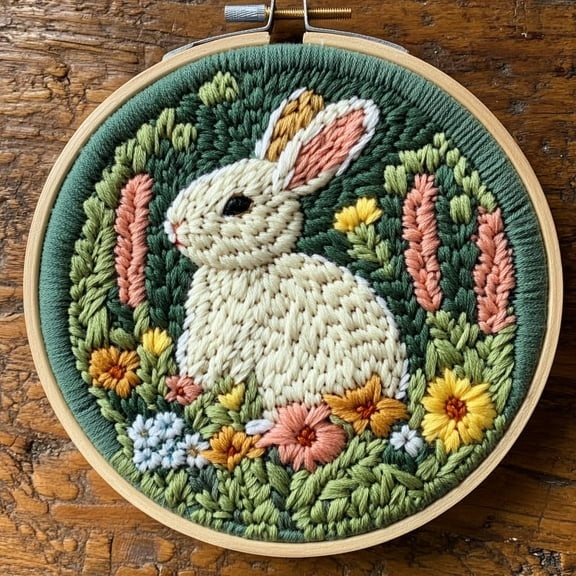 DIY Punch Needle Kits Cute Rabbit in Flowers Easter Easy for Beginners Punch Needle Embroidery Set for Craft lovers with Printed Pattern and Hoop for Home Decor 20x20cm-2