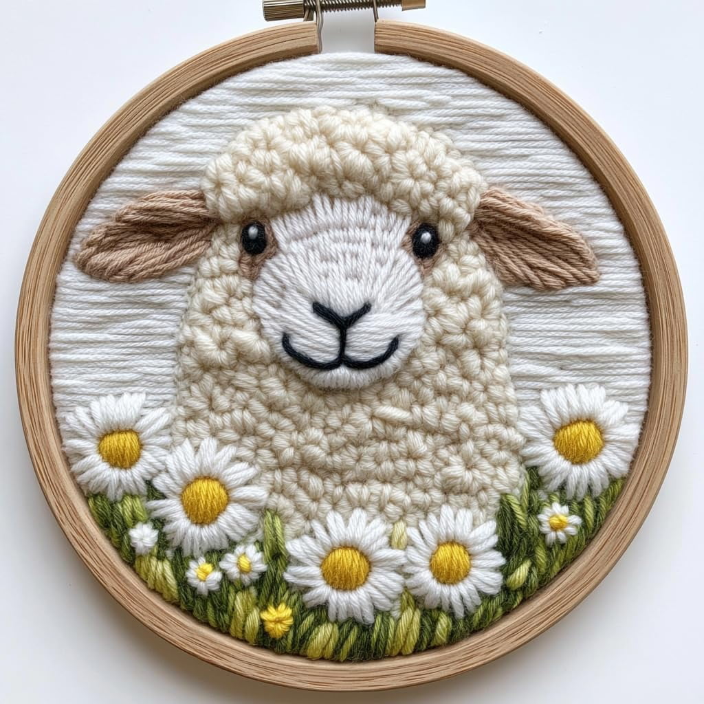 DIY Punch Needle Kits Cute Sheep in Daisy Flowers Easy for Beginners ...
