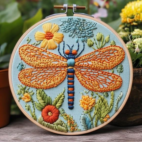 DIY Punch Needle Kits Dragonfly on Flowers Easy for Beginners Punch Needle Embroidery Set for Craft lovers with Printed Pattern and Hoop for Home Decor 20x20cm-2