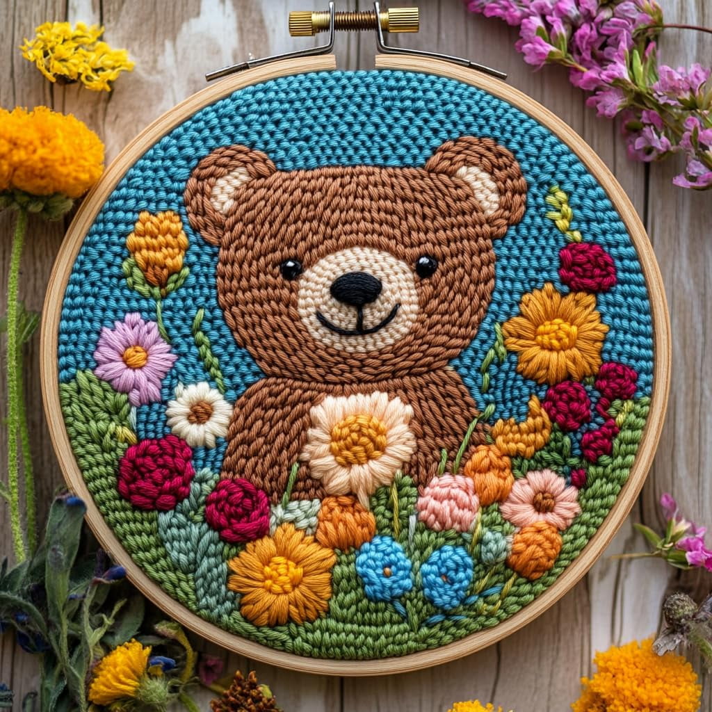 DIY Punch Needle Kits Little Brown Bear in Flowers Easy for Beginners ...