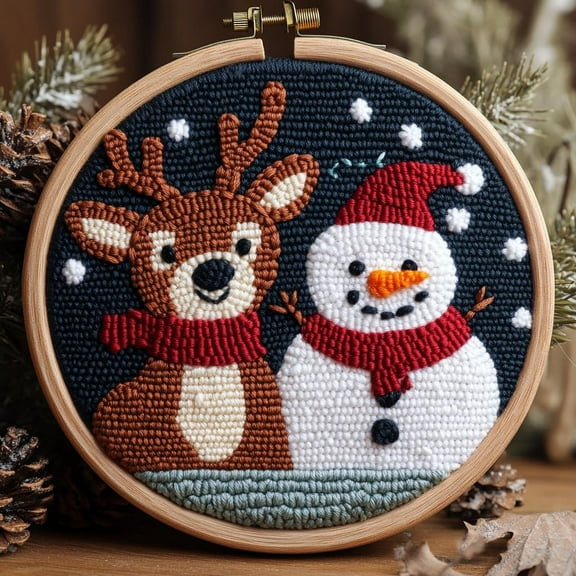 DIY Punch Needle Kits Merry Christmas Reindeer and Snowman Easy for Beginners Punch Needle Embroidery Set with Hoop Stamped Pattern for Craft lovers and Home Decor-3