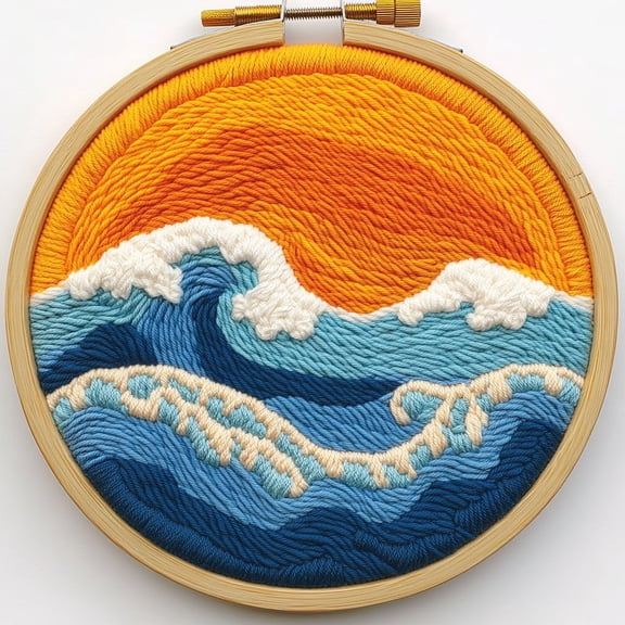 DIY Punch Needle Kits Orange Sunset and Sea Waves Easy for Beginners Punch Needle Embroidery Set with Hoop Stamped Pattern for Craft lovers and Home Decor-1
