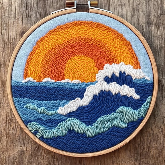 DIY Punch Needle Kits Orange Sunset and Sea Waves Easy for Beginners Punch Needle Embroidery Set with Hoop Stamped Pattern for Craft lovers and Home Decor-2