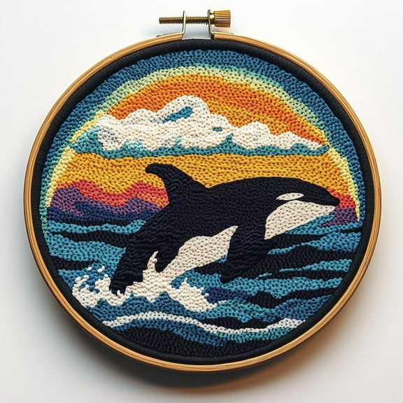 DIY Punch Needle Kits Orcas and Sunset Easy for Beginners Punch Needle Embroidery Set with Hoop Stamped Pattern for Craft lovers and Home Decor-1
