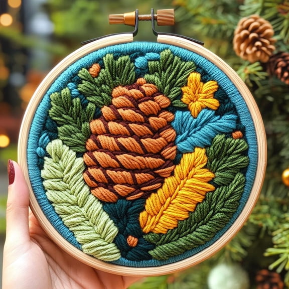 DIY Punch Needle Kits Pine Cone and Pine Leaves Easy for Beginners Punch Needle Embroidery Set with Hoop Stamped Pattern for Craft lovers and Home Decor-8