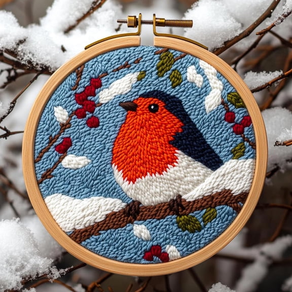 DIY Punch Needle Kits Robbin Bird on Berry Tree Easy for Beginners Punch Needle Embroidery Set with Hoop Stamped Pattern for Craft lovers and Home Decor-6