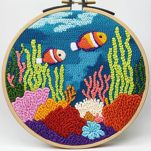 DIY Punch Needle Kits Sea Fishes and Sea Corals Easy for Beginners Punch Needle Embroidery Set with Hoop Stamped Pattern for Craft lovers and Home Decor-1