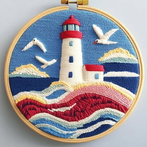 DIY Punch Needle Kits Seaside Lighthouse and Seagulls Easy for Beginners Punch Needle Embroidery Set with Hoop Stamped Pattern for Craft lovers and Home Decor