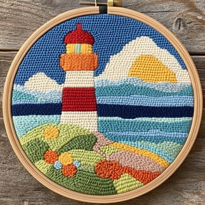 DIY Punch Needle Kits Seaside Scenery Lighthouse Easy for Beginners Punch Needle Embroidery Set with Hoop Stamped Pattern for Craft lovers and Home Decor