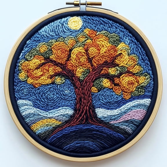 DIY Punch Needle Kits Tree under Moon Easy for Beginners Punch Needle Embroidery Set with Hoop Stamped Pattern for Craft lovers and Home Decor-1