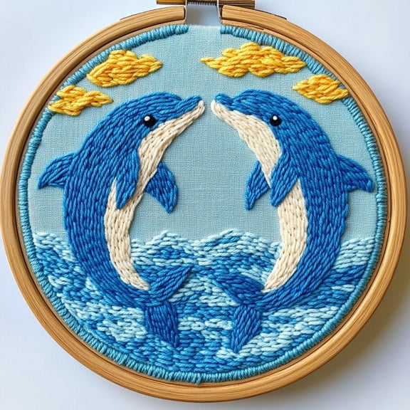 DIY Punch Needle Kits Two Dolphins Easy for Beginners Punch Needle Embroidery Set with Hoop Stamped Pattern for Craft lovers and Home Decor-1