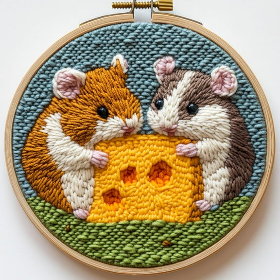 DIY Punch Needle Kits Two Hamster Eating Cheese Easy for Beginners Punch Needle Embroidery Set with Hoop Stamped Pattern for Craft lovers and Home Decor-2