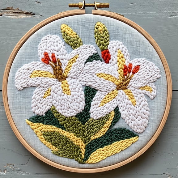 DIY Punch Needle Kits White Lily Flowers Easy for Beginners Punch Needle Embroidery Set with Hoop Stamped Pattern for Craft lovers and Home Decor-3